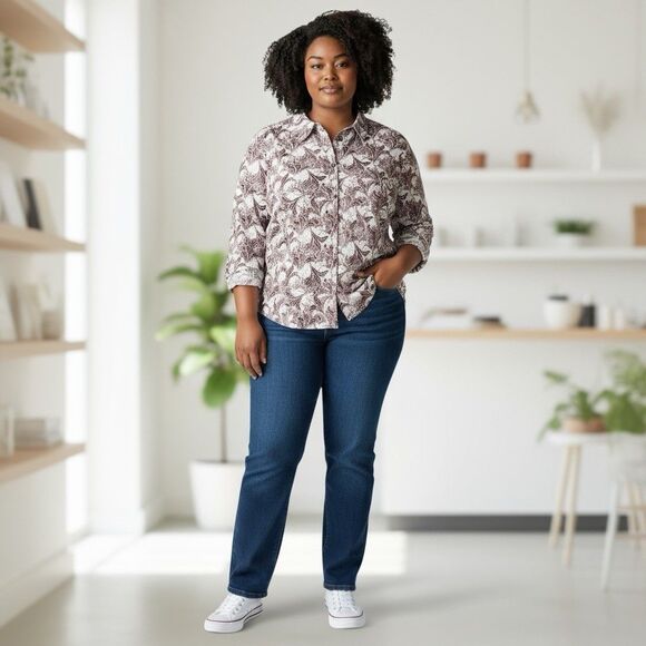 COLDWATER CREEK Women’s Plus 2X Purple Floral Cotton Blend Shirt Blouse No iron - Picture 1 of 10